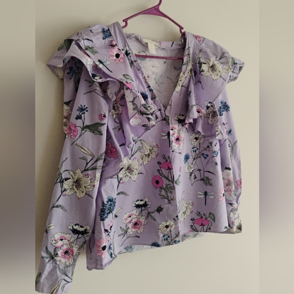 H&M Purple Lilac Pink Floral Bird Botanical Ruffle Balloon Sleeve Top SIZE 14 XL - Picture 13 of 13